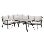 Moderne Gartenlounge mit L-förmigem Ecksofa und rechteckigem Tisch, dunkles Metallgestell, helle Polster.