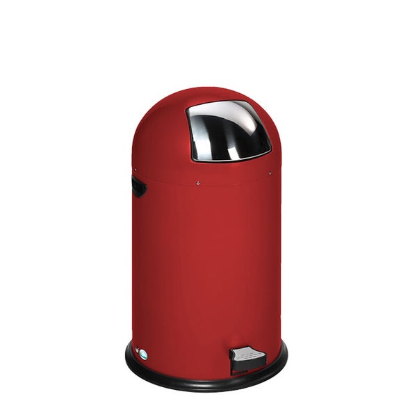 Roter Push-Mülleimer mit Fußpedal, zylindrischem Metallgehäuse und gewölbtem Deckel