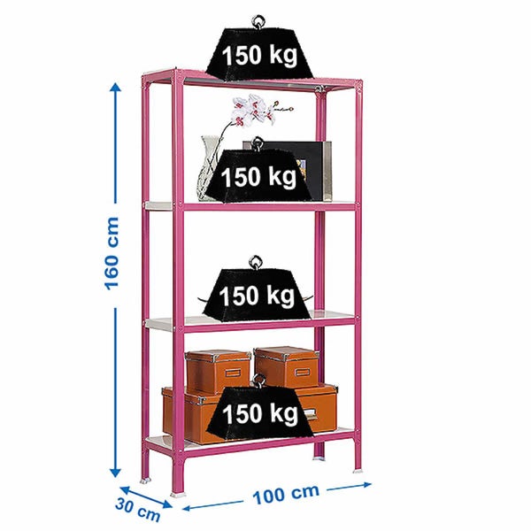 Pinkfarbenes Metallregal mit 4 Böden, Traglast 150 Kilogramm pro Boden, Maße 160 mal 100 mal 30 Zentimeter.