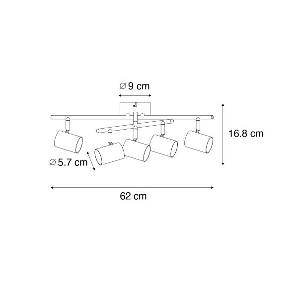 Technische Zeichnung einer Deckenleuchte mit fünf Strahlern und den Maßen 62, 16.8 und 9 Zentimeter