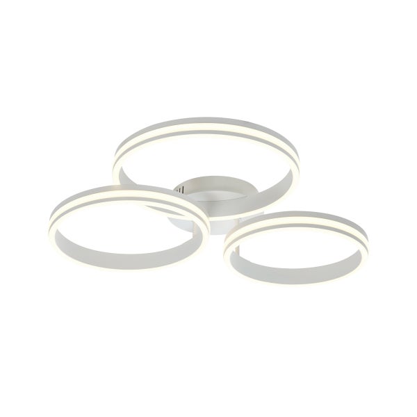 Deckenleuchte mit drei runden, leuchtenden Elementen.