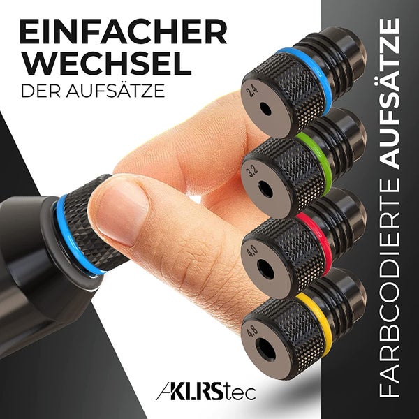 KLRStec® Professional Nietenzangen Set inkl. 120 Nieten und 4 HSS Bohrern – Hochwertige Popnietenzange zum verarbeiten von Blindnieten