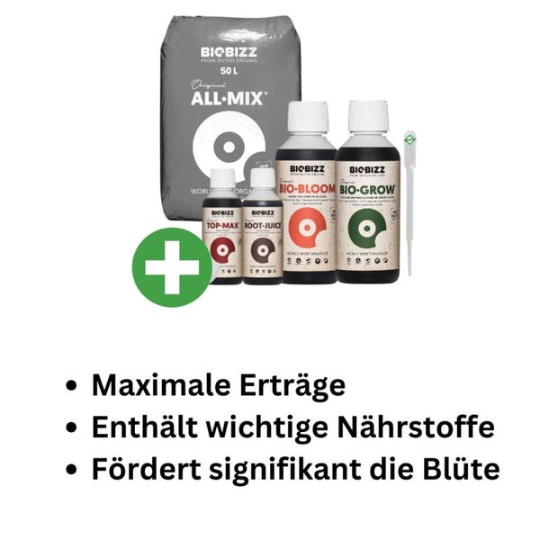 BioBizz All-Mix Erde-Set Medium – 50L hochwertige Blumenerde + Bio Grow & Bloom (je 500 ml) + Top-Max & Root Juice – Komplettset für optimales Wachstum & Blüte inkl. Pipette