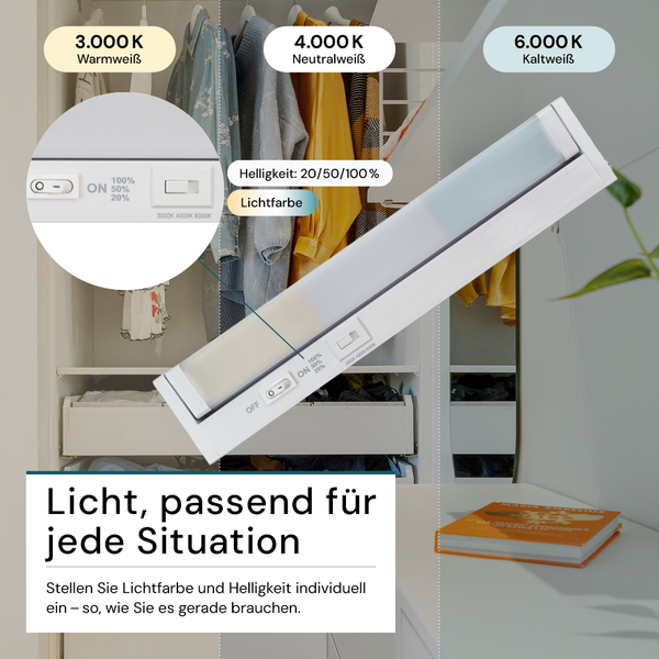 LED-Schrankleuchte mit Farbtemperaturen von 3000 bis 6000 Kelvin und Helligkeitsstufen von 20, 50 und 100 Prozent.