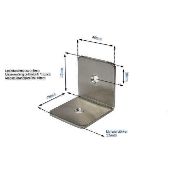 Winkelverbinder aus Metall mit Bemaßung, Schenkellänge 45 Millimeter, Breite 40 Millimeter, Materialstärke 2,5 Millimeter und 6 Millimeter Bohrung.