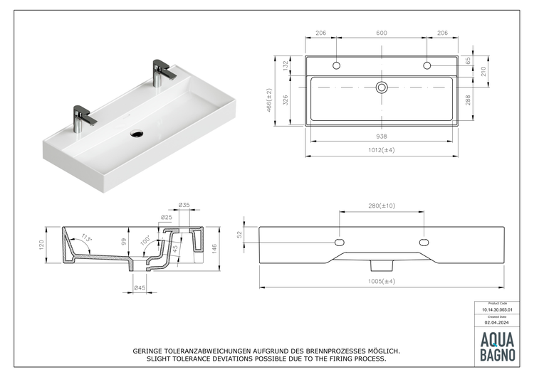 Technische Zeichnung eines Waschbeckens mit Armaturen und Bemaßungen