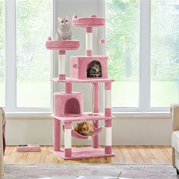 Katzenkratzbaum mit mehreren Ebenen und drei Katzen