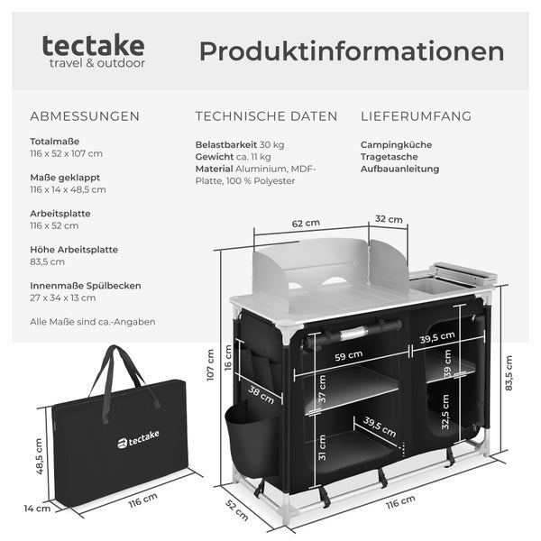 Campingküche Luxus mit 4 Fächern tectake  116 x 52 x 107 cm faltbar schwarz