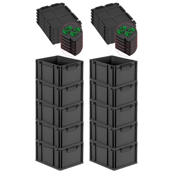 PROREGAL SparSet 10x Eurobox NextGen Grip mit Auflagedeckel inkl. 4 grünen Schiebeschnappverschlüssen, HxBxT 22x30x40cm, 20 Liter, Schwarz, Griffe geschlossen, Eurobehälter, Transportbox, Transportbehälter, Stapelbehälter