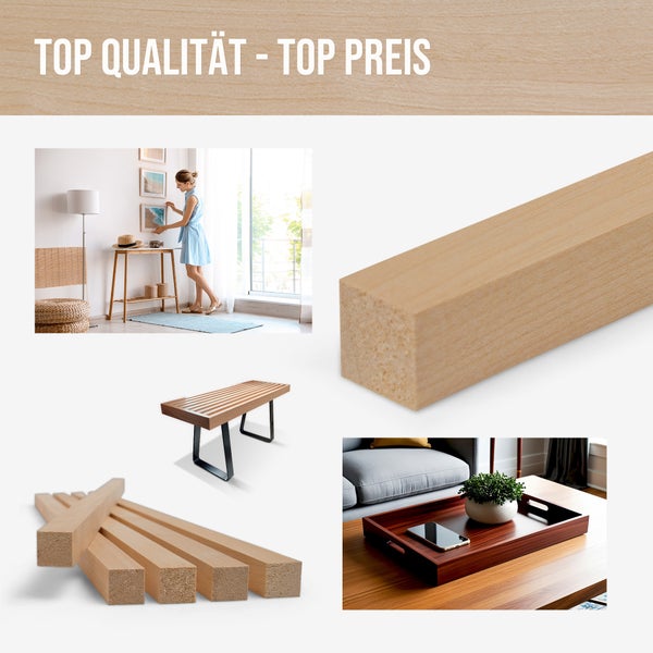 Collage zeigt Quadratleisten aus Holz, einen Holzstapel, eine Bank aus Holz und Metall sowie Anwendungsbeispiele in einem hellen Wohnraum.
