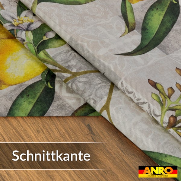 Wachstuch Tischdecke mit Zitronen- und Blütenmotiv, Schnittkante, ANRO Logo.