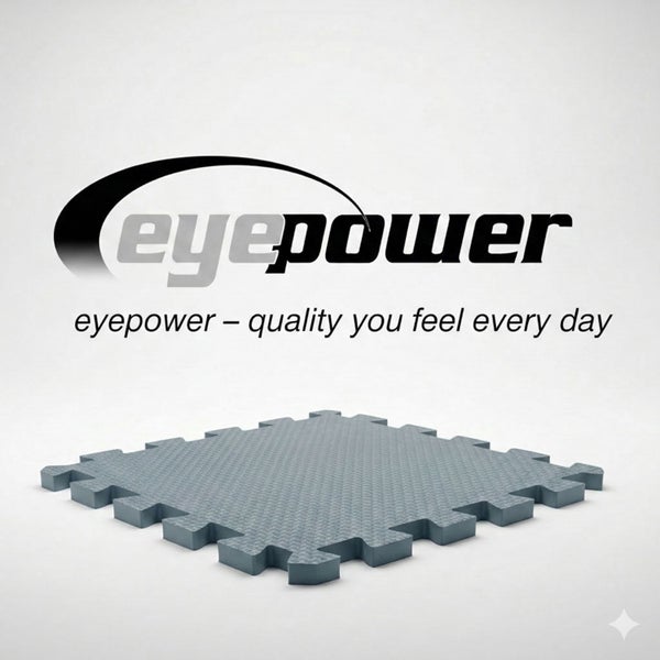 Eyepower Logo und graue Bodenschutzmatte aus Schaumstoff mit Puzzlerand.