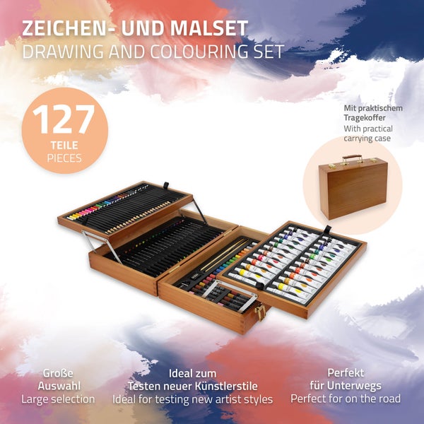 ECD Germany 127-Teiliges Malset mit Holzkoffer, Malkoffer für Kinder, XXL Malkasten, Kunst- und Zeichenset, Acrylfarben Aquarellfarben Buntstifte Pastellstifte Fineliner Bleistifte Pastell & Zubehör