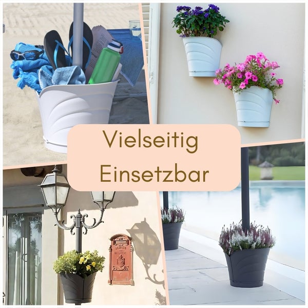 Collage mit verschiedenen Einsatzmöglichkeiten eines Pflanzgefäßes