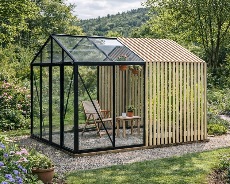 Modernes Gartenhaus kombiniert aus einem Glas-Gewächshaus mit schwarzem Rahmen und Holzlamellen, eingerichtet mit Stuhl und Tisch in einem Garten.