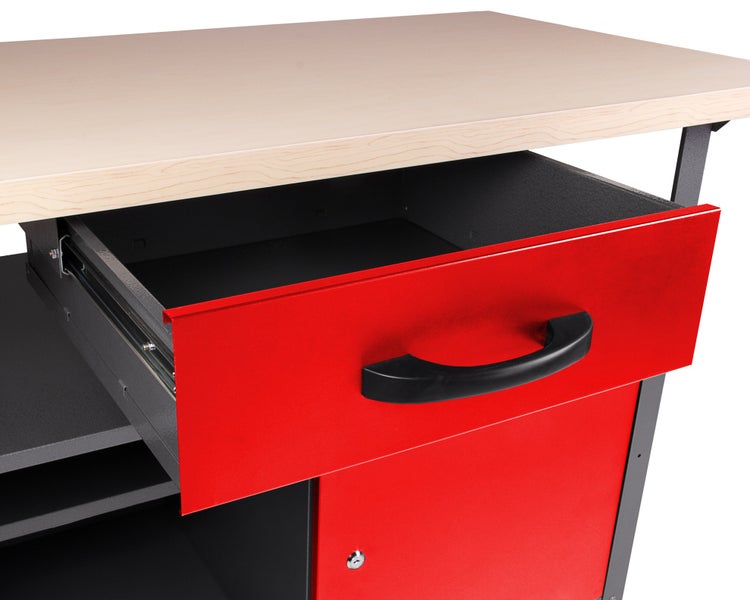 Ondis24 Werkbank Klaus 120 cm rot , 1 Schieber, 1 Tür, Werkstatteinrichtung
