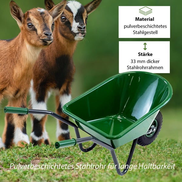 Grüne Schubkarre mit pulverbeschichtetem Stahlrahmen und 33 mm dickem Stahlrohrrahmen