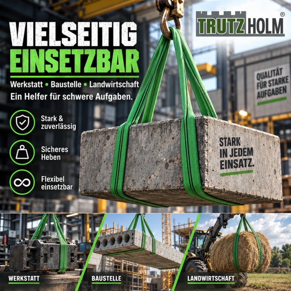 Hebeband von Trutz Holm im Einsatz auf Baustellen, in Werkstätten und der Landwirtschaft zum sicheren Heben von schweren Lasten.