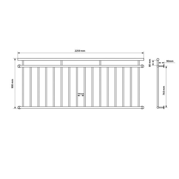 ECD Germany Französischer Balkon 90 x 225 cm mit 16 Füllstäben, Schwarz matt & rau, Stahl pulverbeschichtet, Balkongeländer Stabgeländer Balkonbrüstung Balkongitter Fenstergeländer Außen Fenstergitter