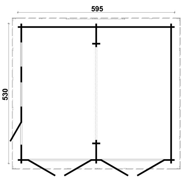 Grundriss eines Gartenhauses mit den Maßen 595 mal 530 Zentimeter.