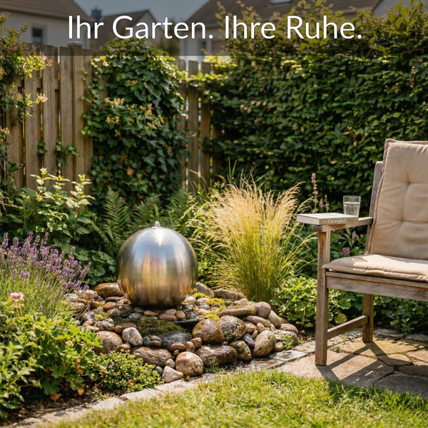 Edelstahl-Kugelbrunnen auf Flusssteinen im Garten mit Holzstuhl und Pflanzen. Text: Ihr Garten. Ihre Ruhe.