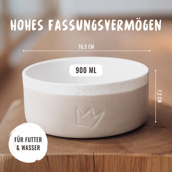 Keramik Napf für Futter und Wasser mit einem Fassungsvermögen von 900 ml, 16,5 cm Durchmesser und 7,2 cm Höhe.