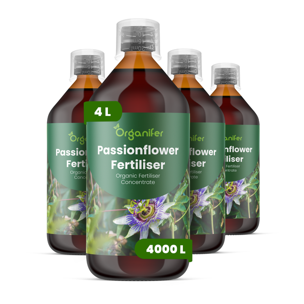 Vier Flaschen Organifer Passionsblumen-Dünger, organisches Düngerkonzentrat, 4 Liter ausreichend für 4000 Liter.