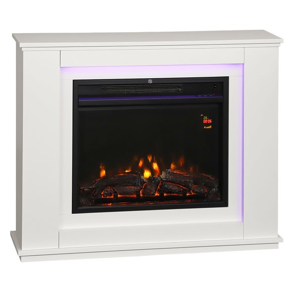 Elektrischer Kamin mit weißer Fassade, LED-Flammeneffekt mit Holzscheiten und farbiger Hintergrundbeleuchtung.