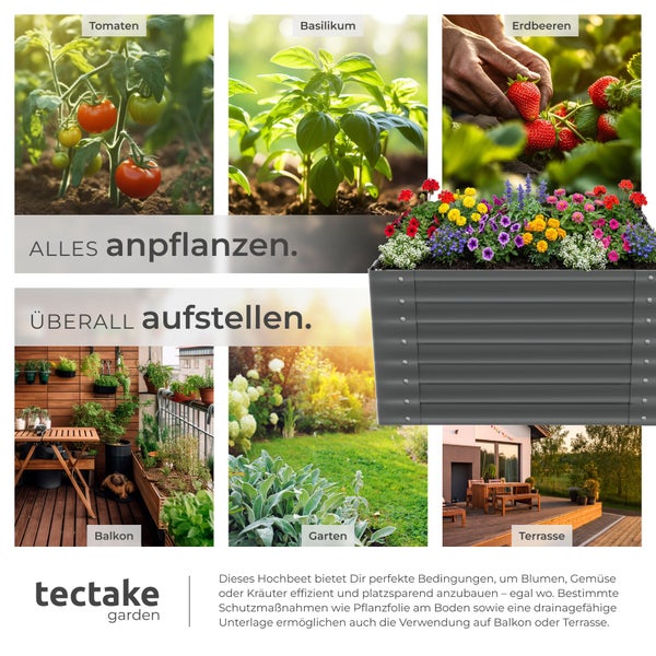 Graues Hochbeet aus Wellblech für Balkon, Garten und Terrasse. Collage mit Tomaten, Basilikum, Erdbeeren und Blumen. Tectake garden Logo.