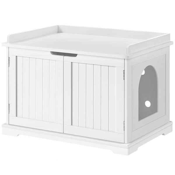 Weiße Katzentoilette mit Türen und Einstiegsloch