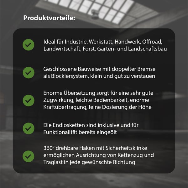 Infografik mit Produktvorteilen eines Kettenzugs wie Industrieeinsatz, geschlossene Bauweise, hohe Übersetzung, Endlosketten und drehbare Haken.