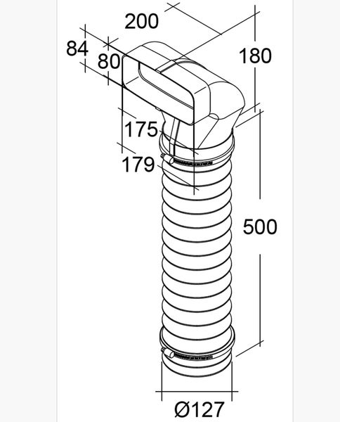 Technische Maßzeichnung eines flexiblen Dunstabzugsschlauchs mit rechteckigem Anschlussadapter und angegebenen Abmessungen in Millimeter.