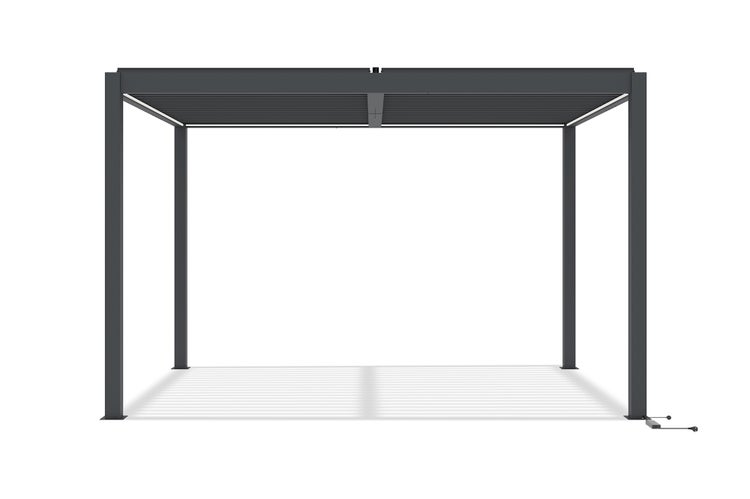 Freistehende Pergola aus Aluminium in Anthrazit mit Lamellendach und LED-Beleuchtung.