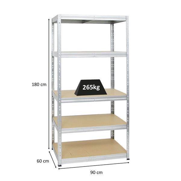 PROREGAL Schwerlastregal Tiger HxBxT 180 x 90 x 60 cm Fachlast 265 kg 5-Ebenen Verzinkt