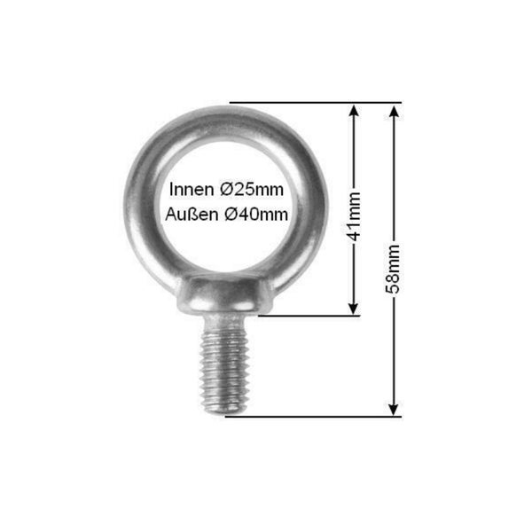Ringmutter aus Metall mit Gewindebolzen, Innendurchmesser 25 Millimeter, Außendurchmesser 40 Millimeter, Gesamthöhe 58 Millimeter.