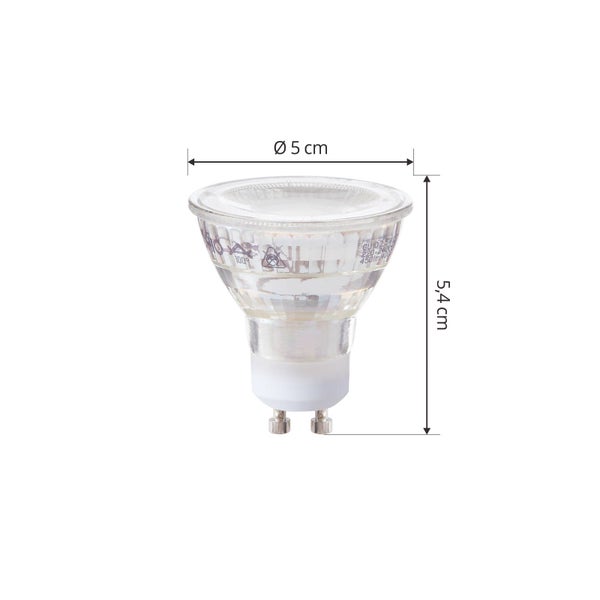 GU10 LED-Leuchtmittel mit einem Durchmesser von 5 Zentimetern und einer Höhe von 5,4 Zentimetern.