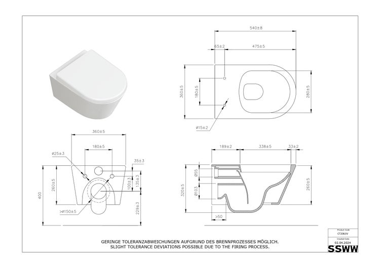 SSWW Design Hänge-WC Beta CT2063V – Spülrandlos – Markenkeramik – Softclose-Sitz