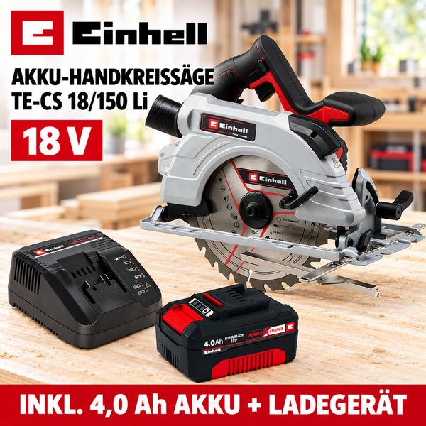 Einhell Akku Handkreissäge TE CS 18 150 Li mit 18 Volt, inklusive 4,0 Amperestunden Akku und Ladegerät.