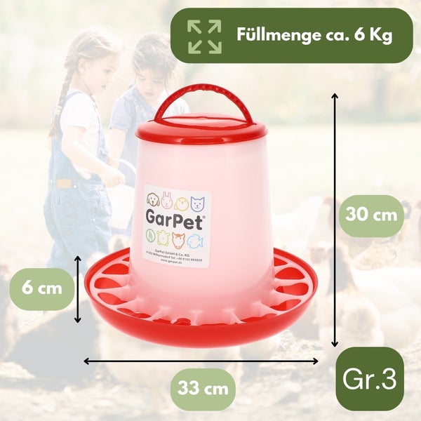GarPet Geflügelfutterautomat für Hühner, Kunststoff, Fassungsvermögen circa 6 Kilogramm, Höhe 30 Zentimeter, Durchmesser 33 Zentimeter.