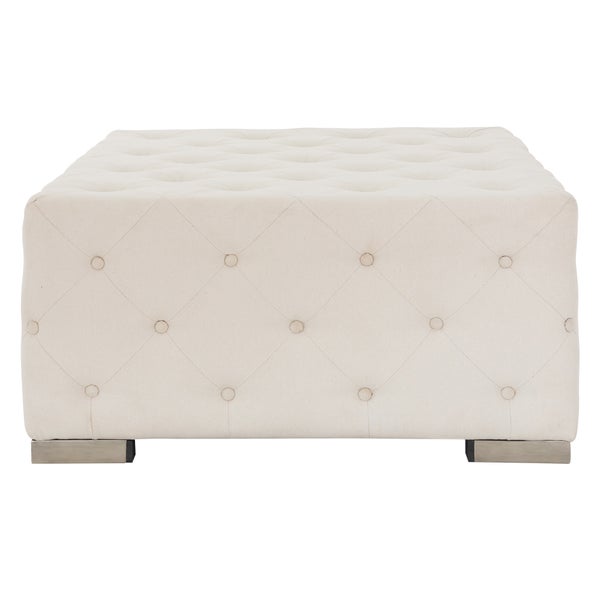 WOMO-DESIGN Sitzhocker XXL Ostrava aus Leinen Creme mit silberne Metallfüße, 90x45x90cm Quadratisch, Handgefertigt, Moderne Knopfheftung, Polsterhocker Sofa-Hocker Fußhocker Sitzpouf Pouf Puff Ottoman
