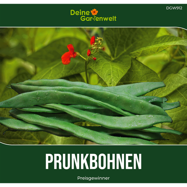 Samenpackung für Prunkbohnen Preisgewinner mit grünen Bohnenschoten, roten Blüten und dem Deine Gartenwelt Logo.