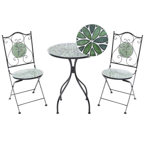 Dreiteiliges Balkonset aus Metall mit grünem Mosaikmuster, bestehend aus einem runden Tisch und zwei klappbaren Stühlen mit Verzierungen.