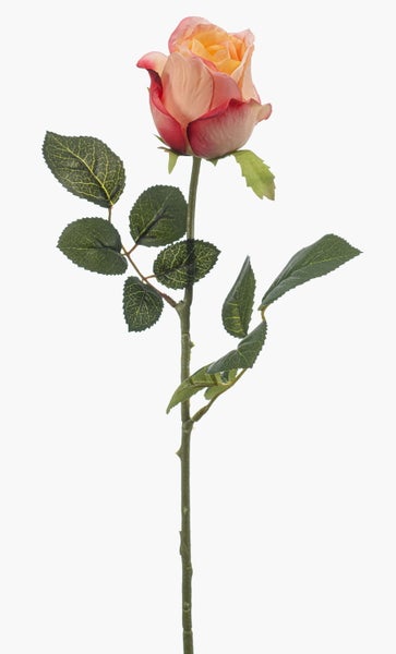 Künstliche Rose am Stiel, lachsfarbene Textilblüte mit grünen Blättern.