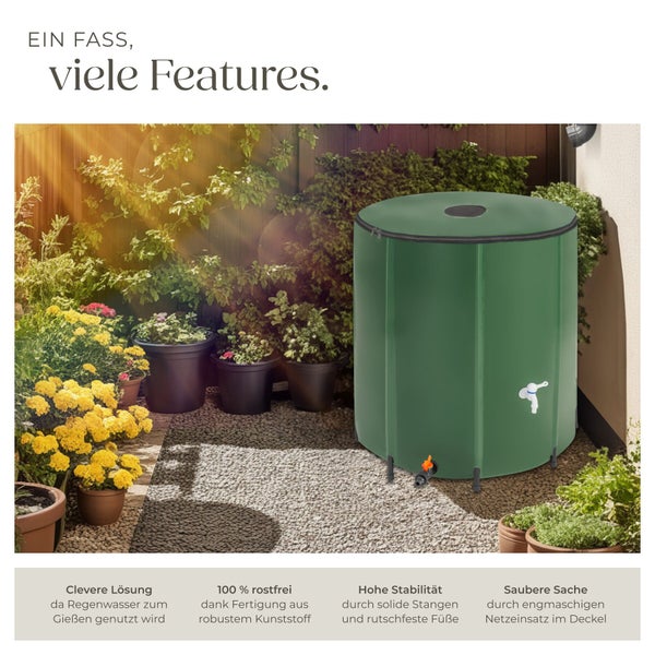 Zusammenklappbare Regentonne für den Garten aus robustem Kunststoff mit integriertem Wasserhahn und Filtergewebe im Deckel für sauberes Wasser.