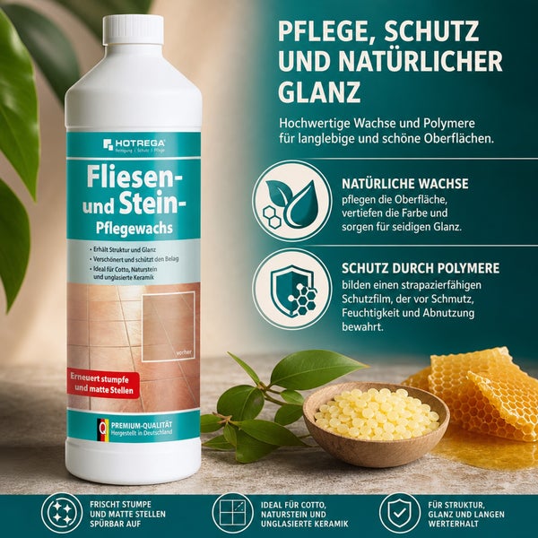 Hotrega Fliesen und Stein Pflegewachs zur Reinigung und Pflege von Cotto, Naturstein und unglasierter Keramik für einen natürlichen Glanz.