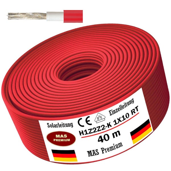 Rote Solarleitung H1Z2Z2-K 1 mal 10 Quadratmillimeter, 40 Meter, MAS Premium, einadrig mit Querschnittsdarstellung von Isolierung und Ader.