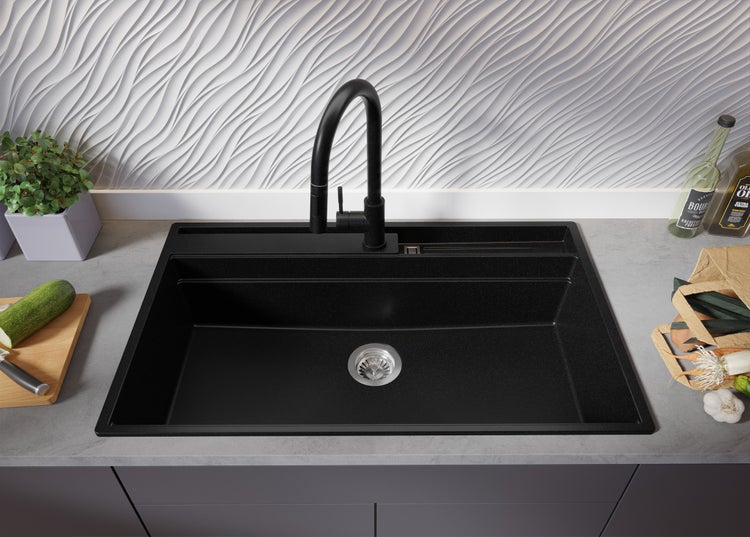 PRIMAGRAN Granitspüle Schwarz 88x53cm, Spülbecken 1 Becken + Küchenarmatur 32x20cm + Ablauf-Set + Küchenzubehörset, Küchenspüle ab 90er Unterschrank - Oslo Pocket