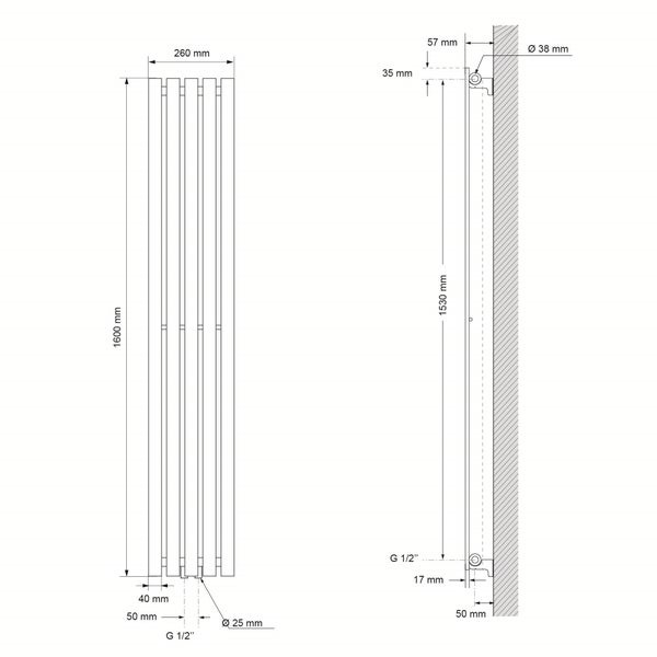 ECD Germany Paneelheizkörper Vertikal 260 x 1600 mm Anthrazit mit Mittelanschluss, Design Flach Heizkörper Einlagig Badheizkörper Flachheizkörper Designheizkörper Einreihig Heizung Badezimmer/Wohnraum