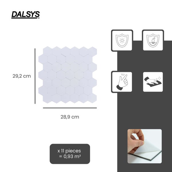 DALSYS Logo. Weiße sechseckige Mosaikfliesen, selbstklebend, 29,2 mal 28,9 Zentimeter. 11 Stück für 0,93 Quadratmeter. UV-beständig und wasserfest.