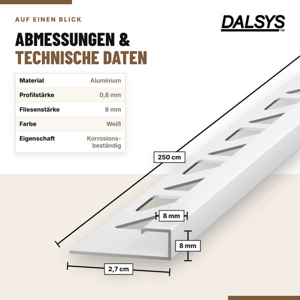 Technische Zeichnung eines Dalsys Fliesenabschlussprofils aus Aluminium mit Bemaßung und Materialangaben.